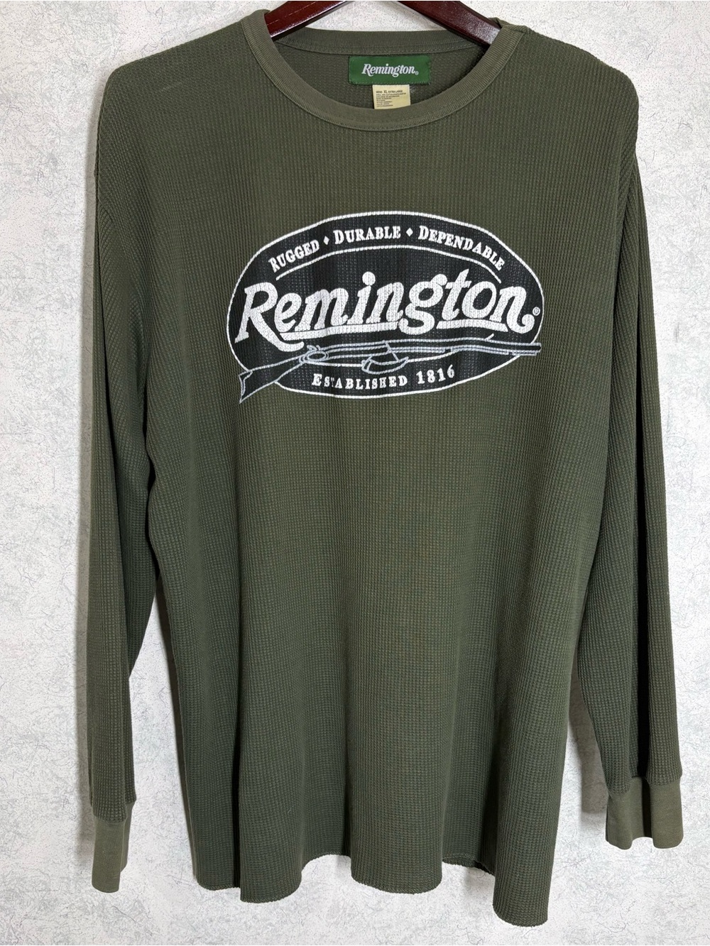Remington Olive Green Waffle-Knit Long Sleeve Shirt with Chest Logo